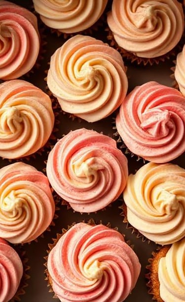 Delicious cupcakes with light yellow and dusty pink frosting swirled in rosettes ordered from Claire