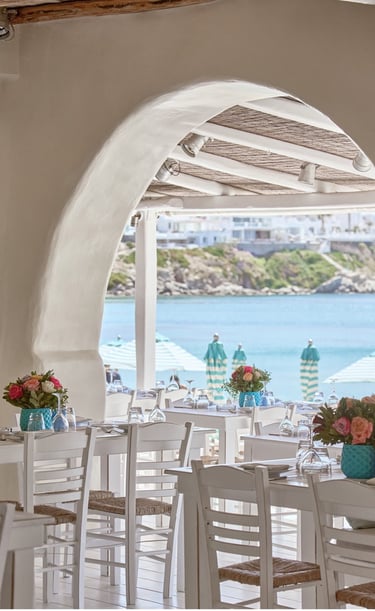 a restaurant with tables and chairs and a view of the ocean