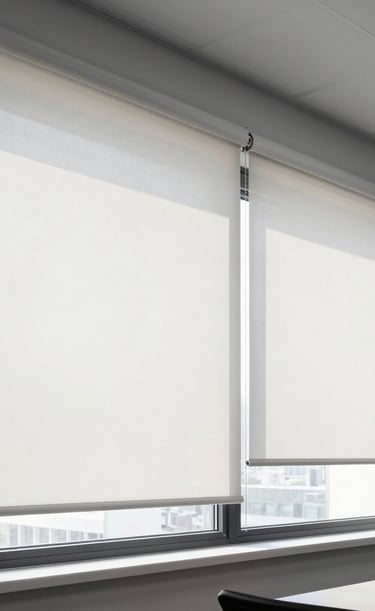 Modern wooden blinds partially open, casting striped shadows on a minimalist workspace.
