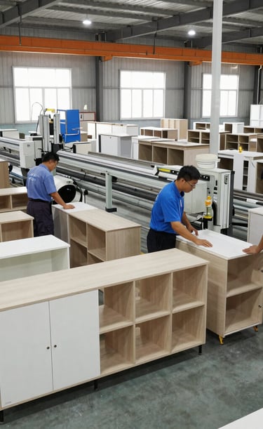 A serene workshop bathed in natural light with elegant wooden furniture in various stages of assembly.