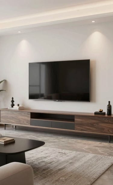 Modern Scandinavian TV wall unit with mounted flat-screen TV, soft warm lighting, and a minimalist d