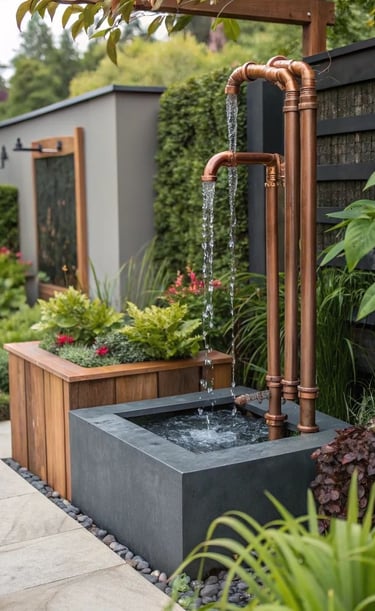 Modern copper pipe water feature flowing into a dark stone basin in a landscaped garden patio.