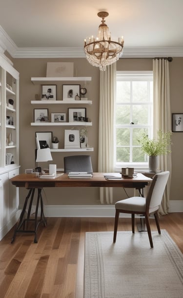 Bright farmhouse office featuring clean lines, white cabinetry, and rustic accents.
