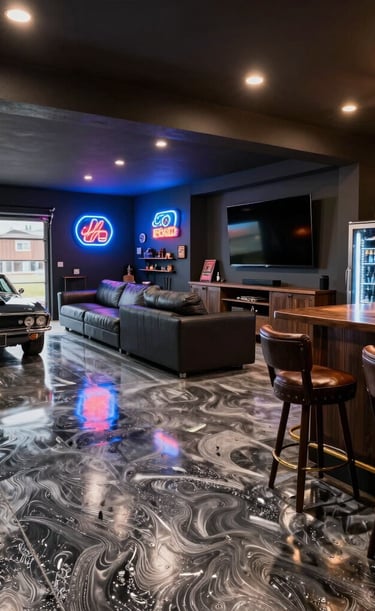 Close-up of a newly installed epoxy floor gleaming under soft lighting.