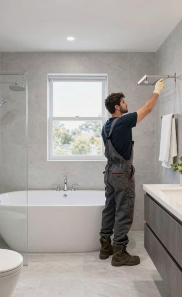 A cozy bathroom transformation with elegant tile work and soft blue lighting.