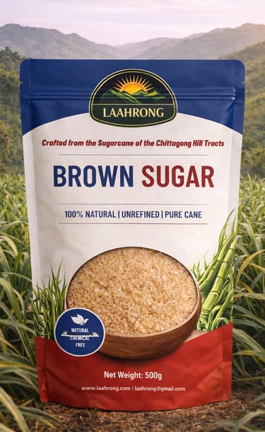 Natural sugarcane and brown sugar bowl placed in a lush green field with mountains in th