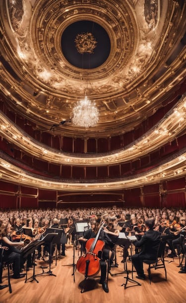 orchestra playing a concert in a large auditorium