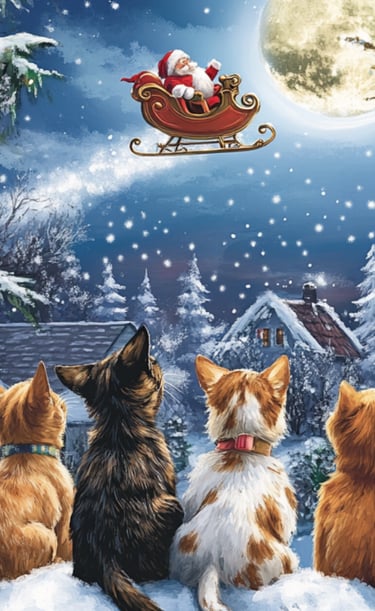 Four cats sit on snowy ground, gazing at Santa in a sleigh flying across a starry, moonlit sky. Cozy