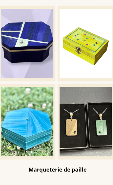 Bijoux et boites à bijoux en marqueterie de paille 