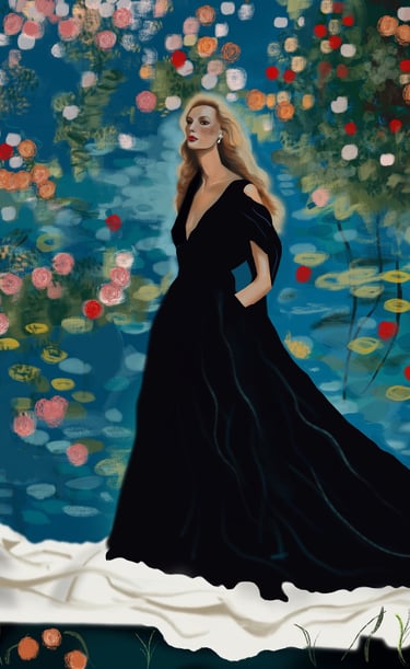 a woman in a black dress standing in front of a painting of a woman in