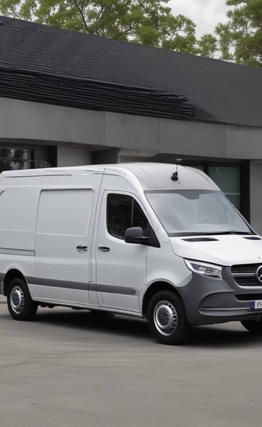 A mobile testing van parked outside a corporate building during daytime.