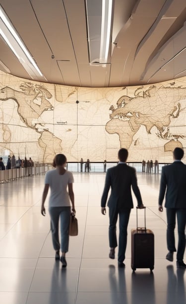 A business traveler checking flight details on a smartphone at an airport lounge.