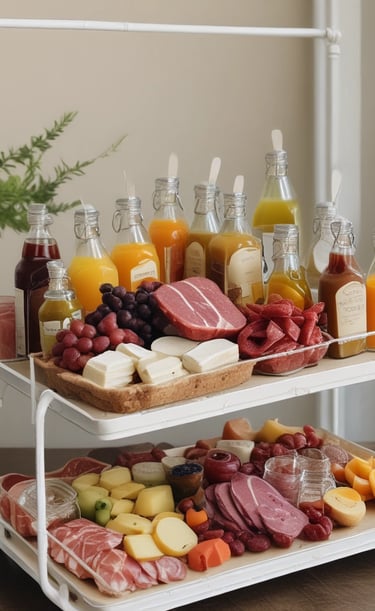 A black tricycle cart is set up in an outdoor space with various colorful bottles and trays of fresh produce displayed on its countertop. The cart features a modern design with tan leather saddle and wheels, and the surroundings show neatly arranged greenery and red-leafed trees. An urban setting forms the backdrop with people in the distance.