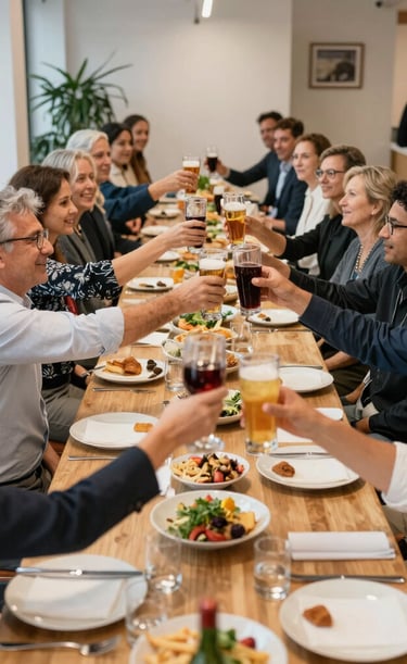 Corporate team celebrating an anniversary with smiles and toasts