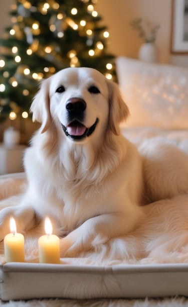 a dog sitting in a bed with candles