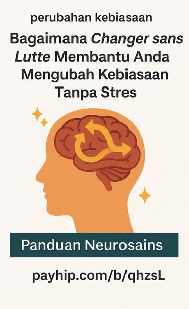 Poster panduan neurosains untuk ubah kebiasaan tanpa stres dengan ilustrasi otak dan panah perubahan