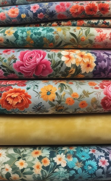 Detailed, vibrant fabric with intricate and colorful patterns. The fabric features an array of motifs, including floral designs and geometric shapes, arranged in horizontal rows. The varied textures and rich colors create a visually striking and dynamic composition.