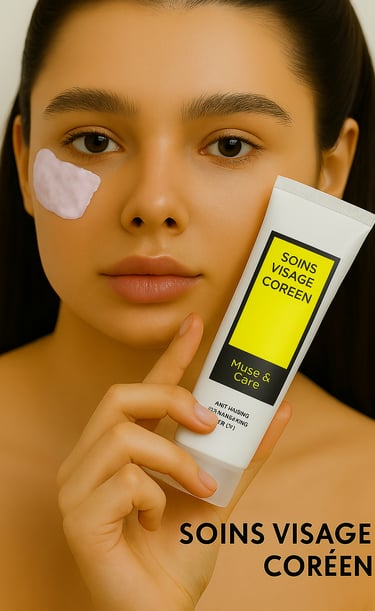 Femme appliquant un soin visage coréen à base de mucus d’escargot, mettant en valeur un produit de b