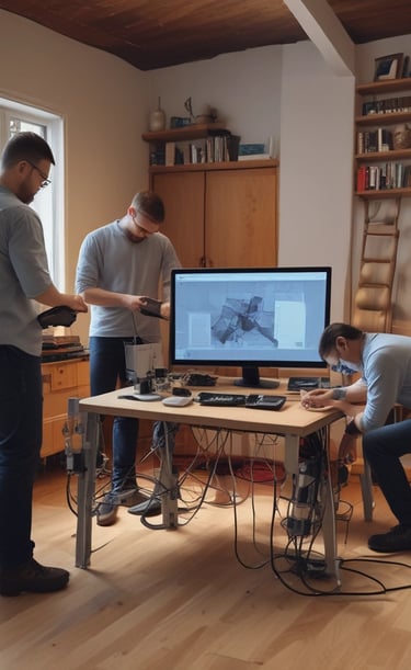 Customer service representative assisting a client over the phone with a smile.