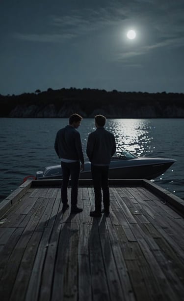 Two men standing at the end of a dock waiting to board a gunmetal grey speedboat.