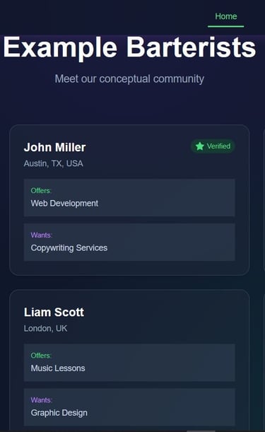a website page with a bunch of different types of barter examples, where freelancers submit barter r