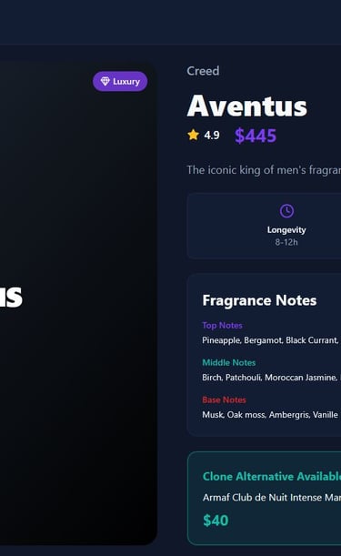 perfume details of creed aventus and alternatives on a budget