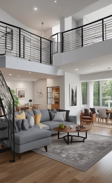 Interior view of a bright, energy-efficient living room with minimalist furniture and natural light.