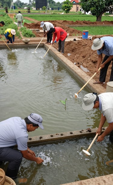 Community members planting native trees together beside a flowing river.
