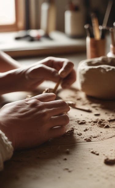 Close-up of hands shaping clay during a sensory creative session, with soft framboise-colored fabrics in the background.
