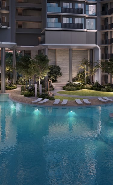 Luxury modern condominium featuring a resort-style swimming pool and landscaped gardens at sunset.