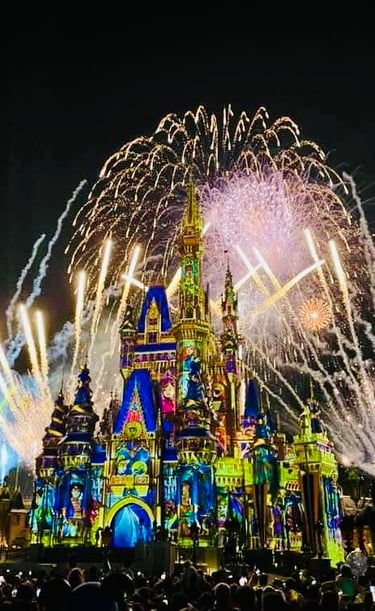 Fireworks behind Cinderella's castle at Walt Disney World