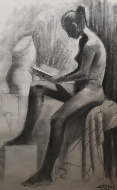 Mujer leyendo. Carbón y conté sobre papel, realizado y firmado por Alfonso Abad Lera (AL) / ALPIZ Studios.