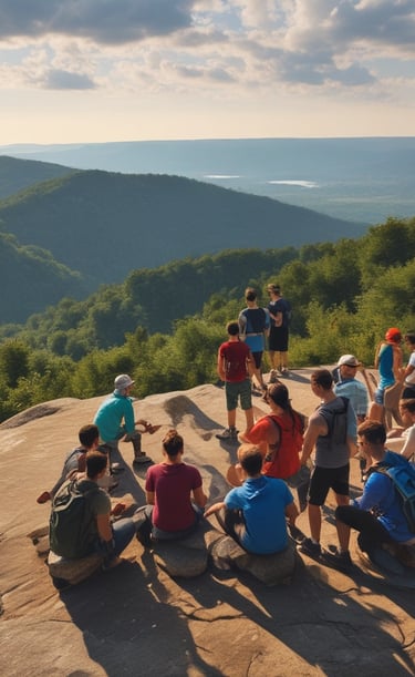 Campers gathered on hiking overlook