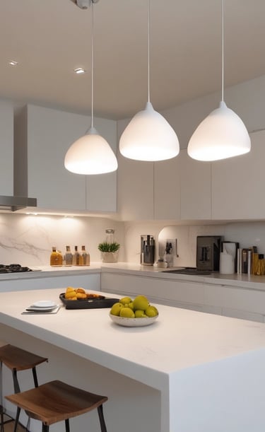 Sleek modern pendant lights hanging over a kitchen island.
