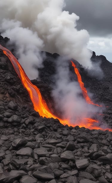 A vibrant display of lava light t-shirts and hats arranged on a wooden table with tropical flowers.