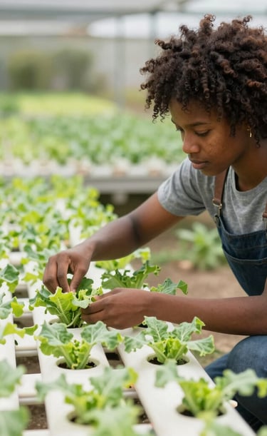 Farmers using tablets in a vibrant agroecological field under a clear blue sky.