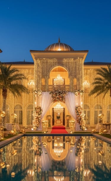 Luxury villa decorated with golden fairy lights for an outdoor wedding reception by a pool.