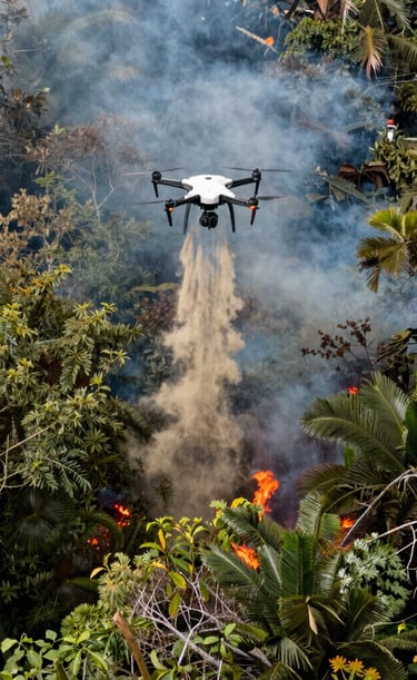 Close-up of an advanced firefighting drone releasing fire retardant over a burning industrial site