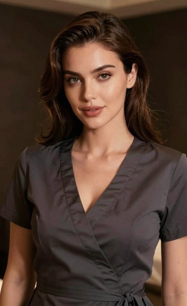 A serene massage room with dim lighting and elegant dark tones.