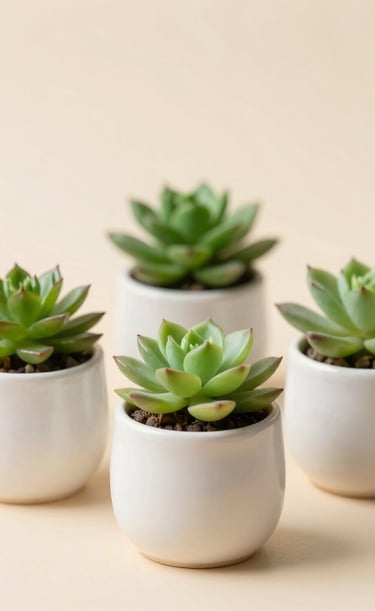 Close-up of realistic artificial succulents arranged in stylish ceramic containers on a wooden shelf.