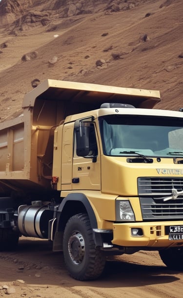 A sturdy backhoe loader parked on rugged terrain with mountains in the background.