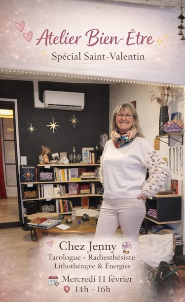 Sandrine Thibault at Arcanum Leviosa wellness workshop for Valentine's Day tarot and lithotherapy.