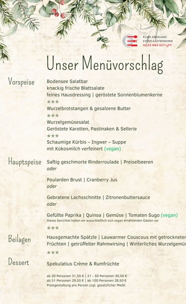 Weihnachts Menü für Weihnachtsfeiern