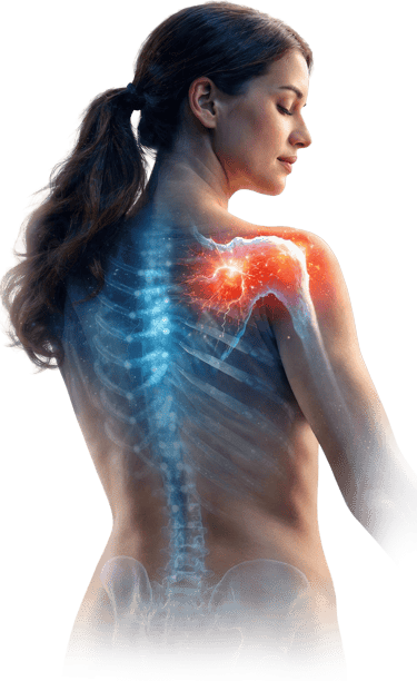 Anatomical medical illustration of a woman showing shoulder joint pain and inflammation in red.