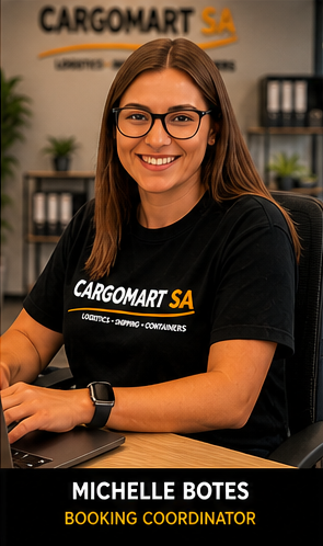 Michelle Botes, a smiling Booking Coordinator at Cargomart SA, working on a laptop in a logistics office.