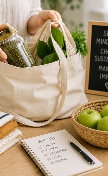 Mindful shopping choices including reusable bags, sustainable products, and locally sourced goods.
