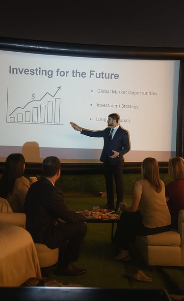 a man in a suit and tie is giving a presentation