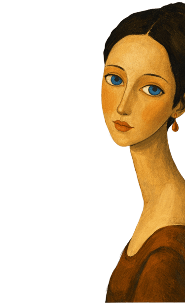 Oil painting of a blue-eyed woman with a long neck and teardrop earring on a black background.