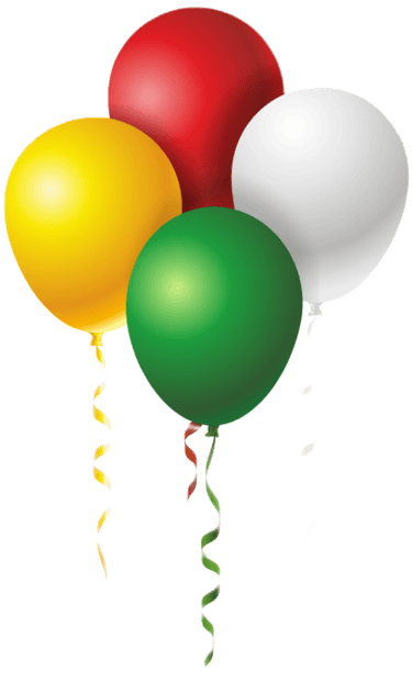 a bunch of balloons with ribbons and streamers