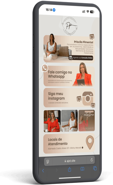 Tela de celular exibindo mini site personalizado da Ajot Site para a profissional Priscila Pinevset,